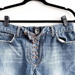 Free For Men Straight Leg Distressed Lace Up Cotton Denim Jeans Blue